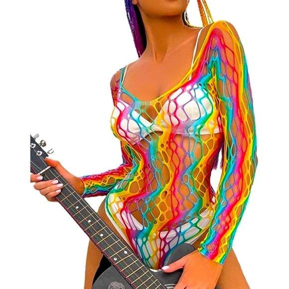 aba Other - 𝅺🌈 Rainbow Fishnet Stockings Mesh Lingerie Bodysuit Party Rave Boho Cosplay NWT